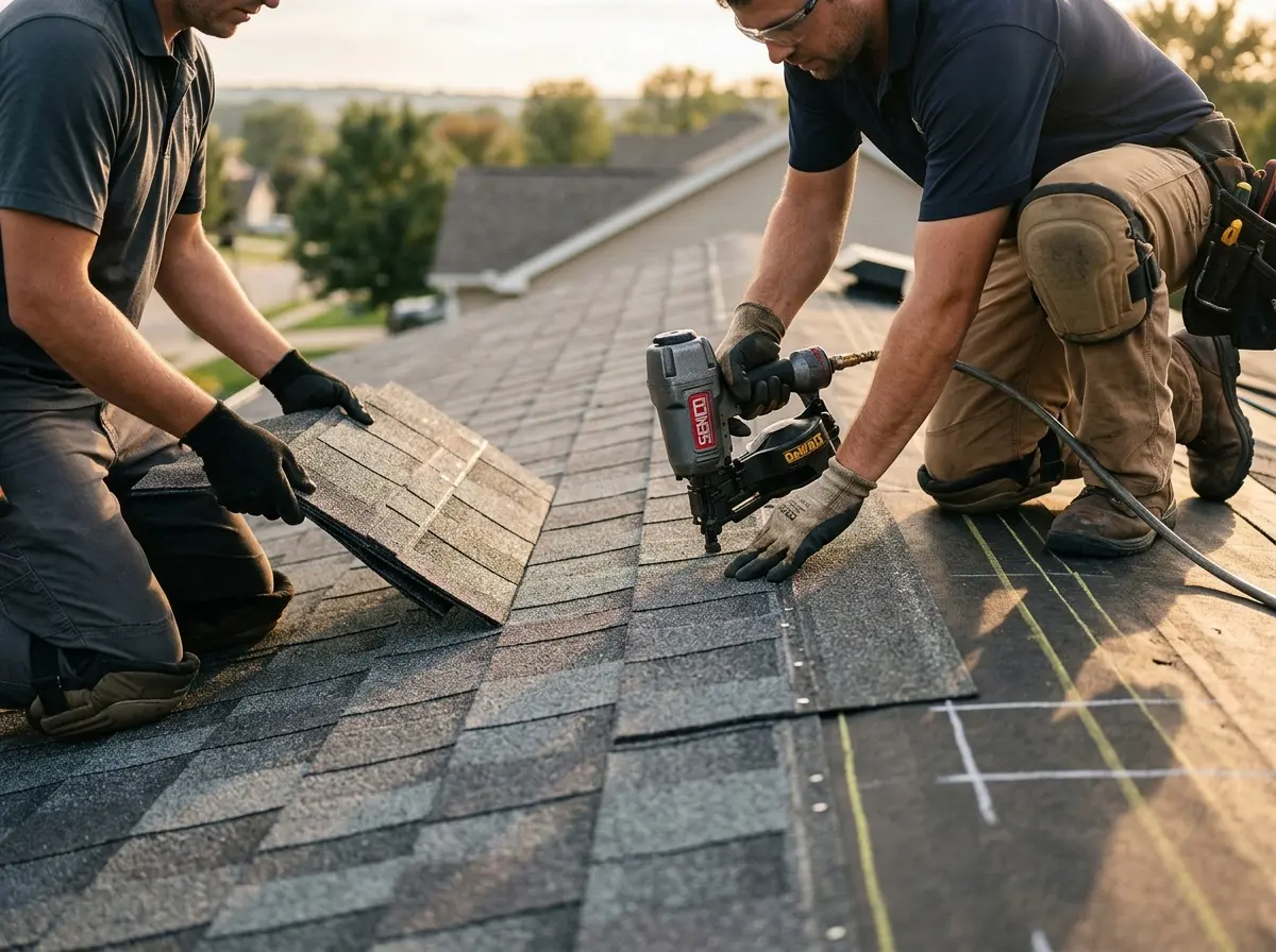 Professional roofer working on a residential roof in Shawnee